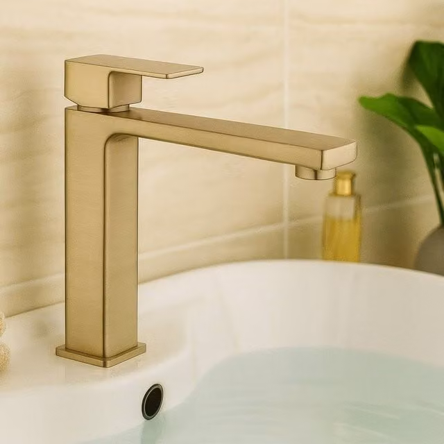 Bathroom Kingdom Quadrado Brushed Brass Square Tall Basin Mixer Tap in Gold