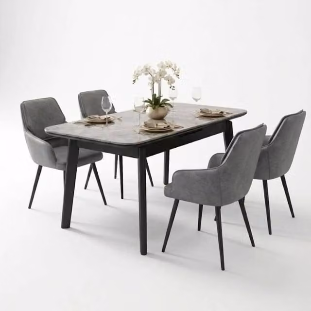 Home Luxe Interior Monaco Grey Stone Ceramic Extending Dining Set with 6 Maryland Swivel Chairs – 1