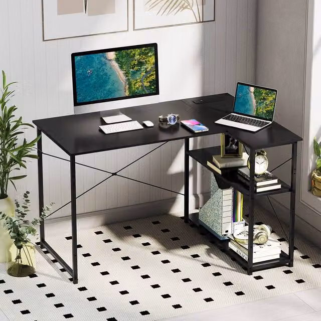 Costway L-shaped Corner Computer Desk with Power Outlet and Reversible Shelves in Black