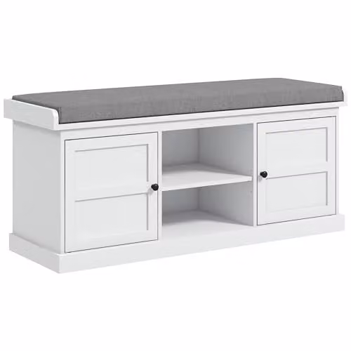 HOMCOM White Shoe Bench with Fabric Cushioned Seat and Adjustable Shelves for Hallway – 1