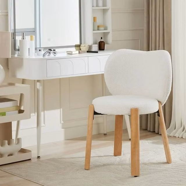 VOGREX Teddy Fabric Makeup Chair, Plush White Vanity Accent Chair – 1