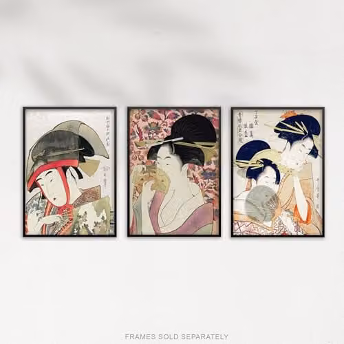 Artery8 Set of 3 Kitagawa Women Japanese Ukiyo-e Wall Art Prints, Multicolour Pink, Blue and Beige, W: 21.0 cm, H: 29.7 cm – 4