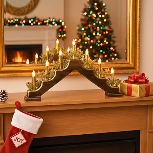 Shatchi Battery Operated Plastic Brass Finish Candle Bridge in Green, H: 30 cm, W: 50 cm, D: 6.5 cm – 7