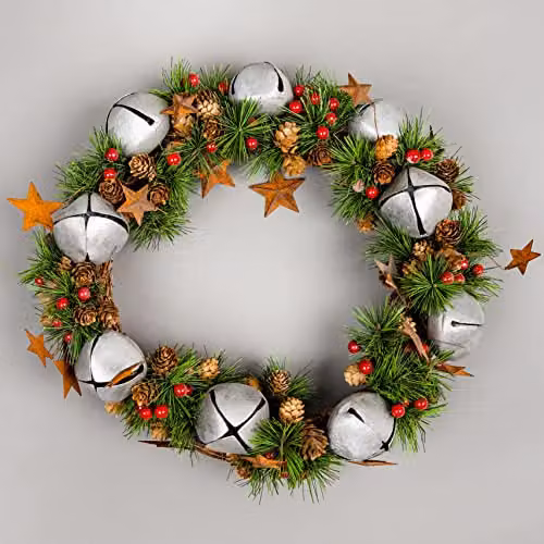 Shatchi Green and Silver Christmas Wreath with Bells, Stars and Pine Leaves, Diameter: 25 cm