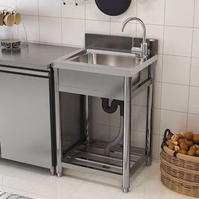Livingandhome Commercial Square Stainless Steel Kitchen Sink with Single Bowl Basin Grid Shelf, Silver, Width: 50 cm