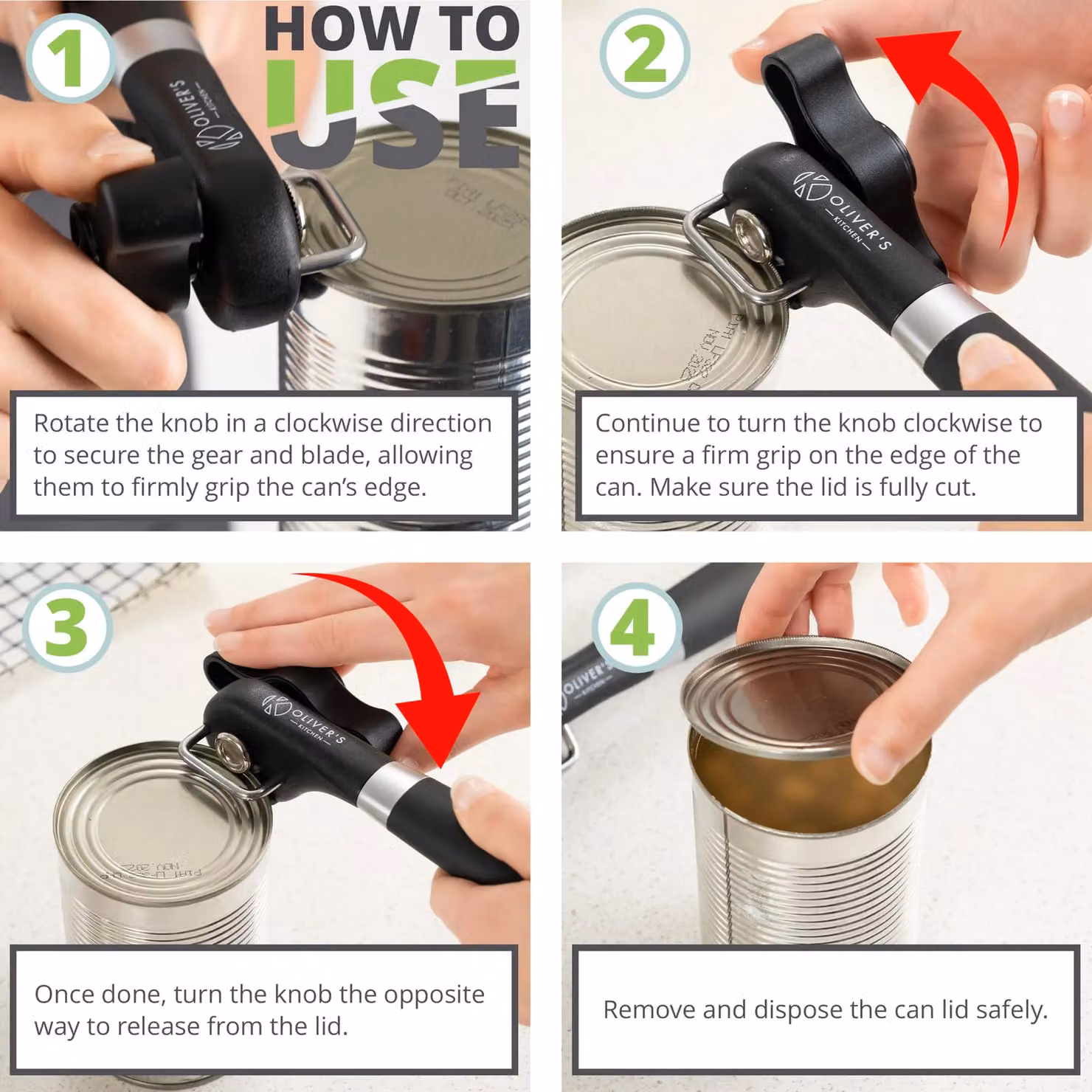 Oliver's Kitchen Safety Can Opener in Black with Ergonomic Grip and Stainless Steel Blades – 3