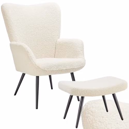 tectake Scandi Style Armchair with Ottoman in Cream Bouclé and Black Metal Legs – 1