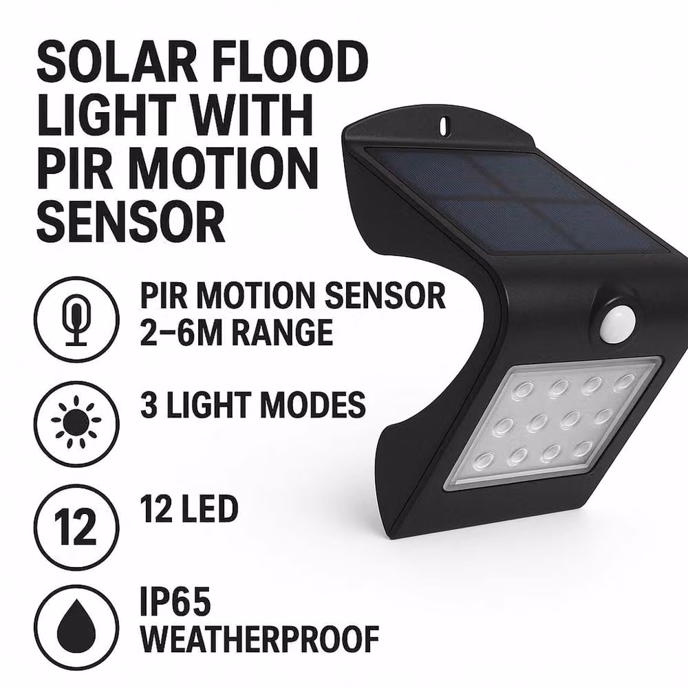 SPETLEK Solar LED Flood Light with PIR Motion and Dusk Sensor, Black – 2