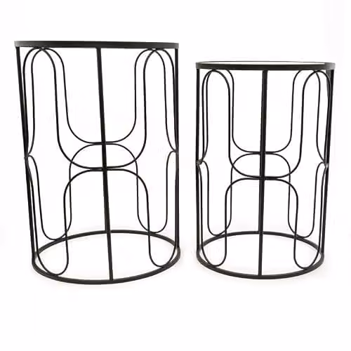 Madison & Mayfair Set of 2 Black Wavy Wire Nesting Tables with Glass Tops – 1