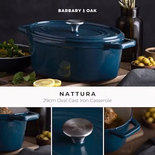 Barbary & Oak Nattura Oval Cast Iron Casserole with Enamel Interior and Self Basting Lid, Agave, 4.3 l – 2