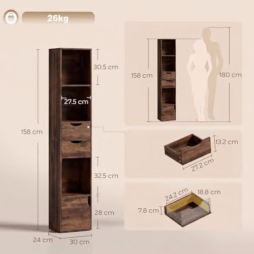 HOMCOM 3-Tier Modern Bookcase with Drawers and Adjustable Shelves, Brown – 5