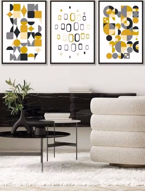 ARTZE Mid Century Abstract Geometric Framed Wall Art in Grey, Yellow and Black, W: 53 cm, H: 73 cm, D: 2 cm