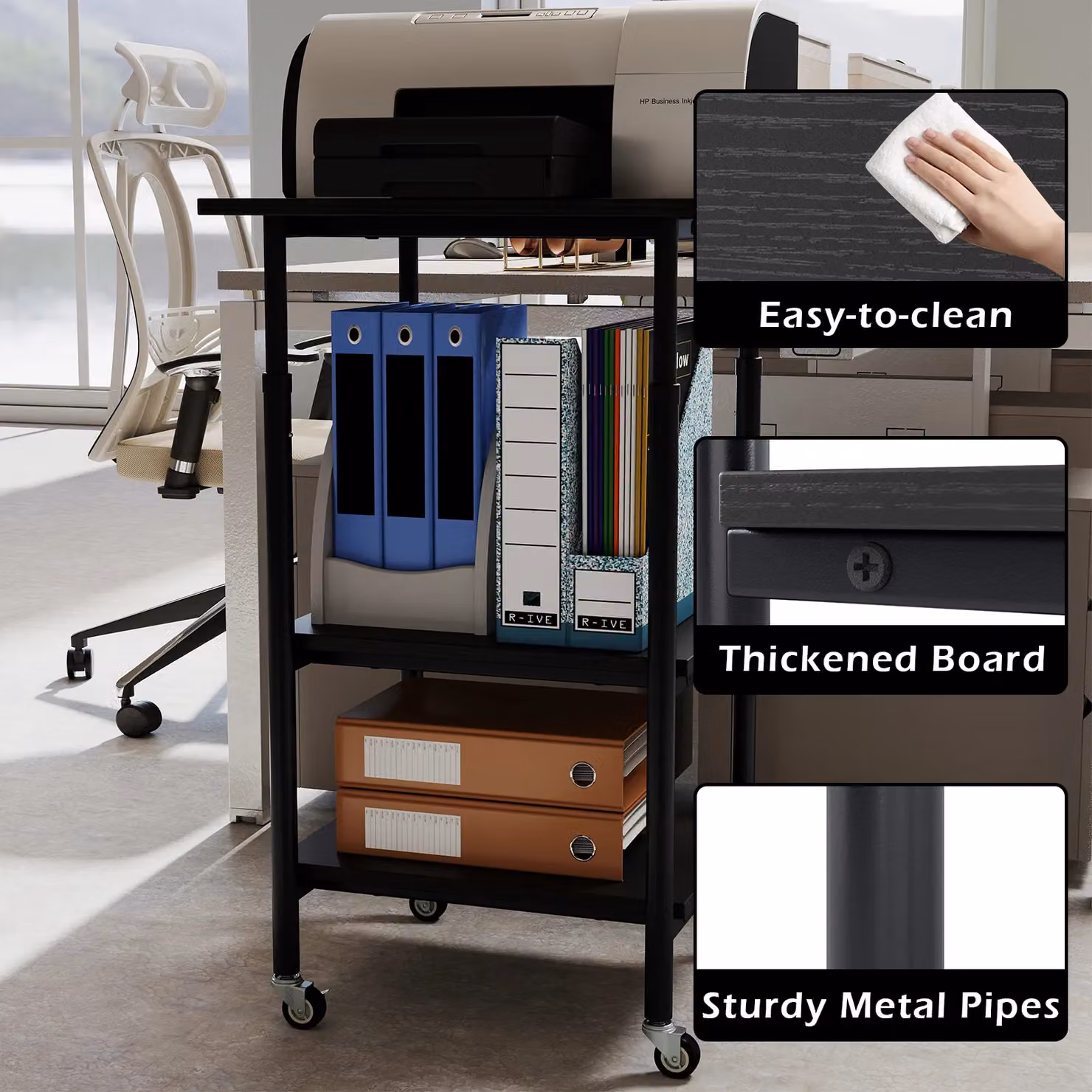 Costway 3-Tier Height Adjustable Printer Stand and Cart with Storage in Black – 6