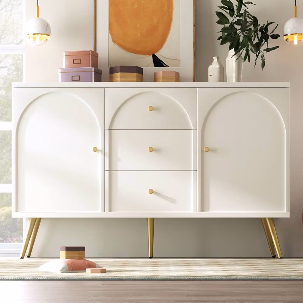 HomeTouch Modern White Wooden Sideboard and Side Cabinet Chest of Drawers W/D/H: 140 x 40 x 84 cm – 3