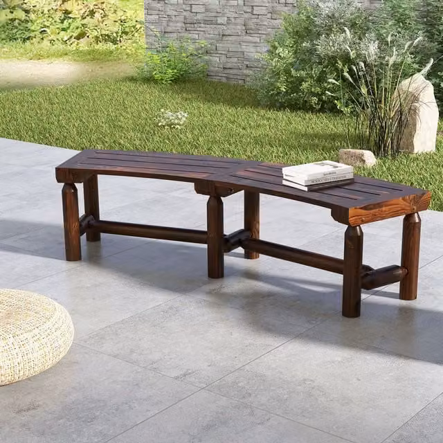 Costway Carbonised Pine Wood Curved Garden Bench in Brown