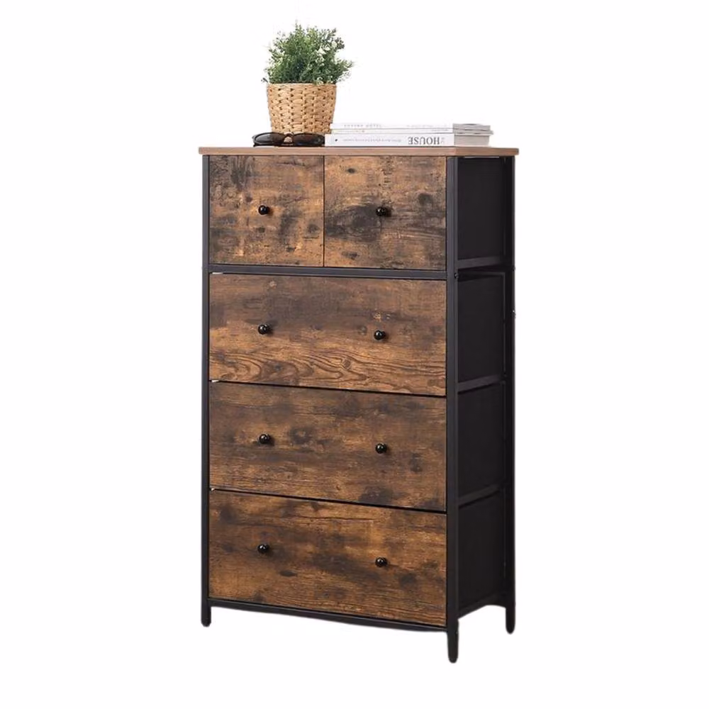 Pirlo Plush Industrial Rustic Brown Chest with 5 Fabric Drawers – 4