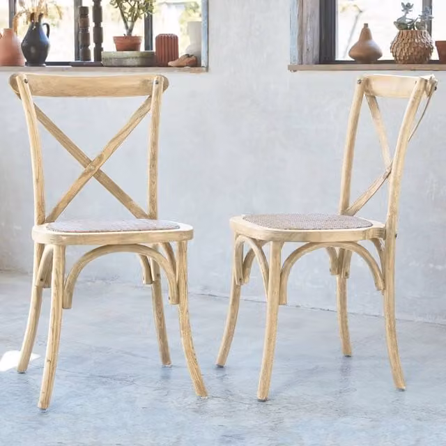 sweeek Set of 2 Vintage Brown Wooden and Rattan Bistro Chairs