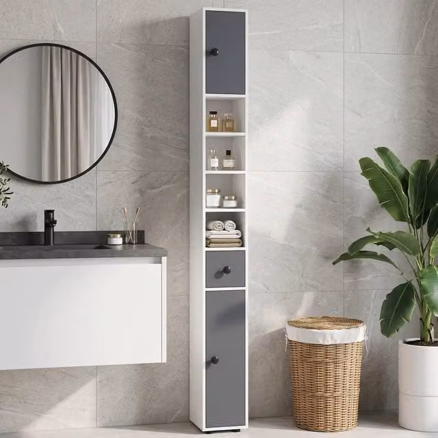 STILVORA Slim Grey Bathroom Cabinet with Internal Drawers, Shelves and LED Lighting