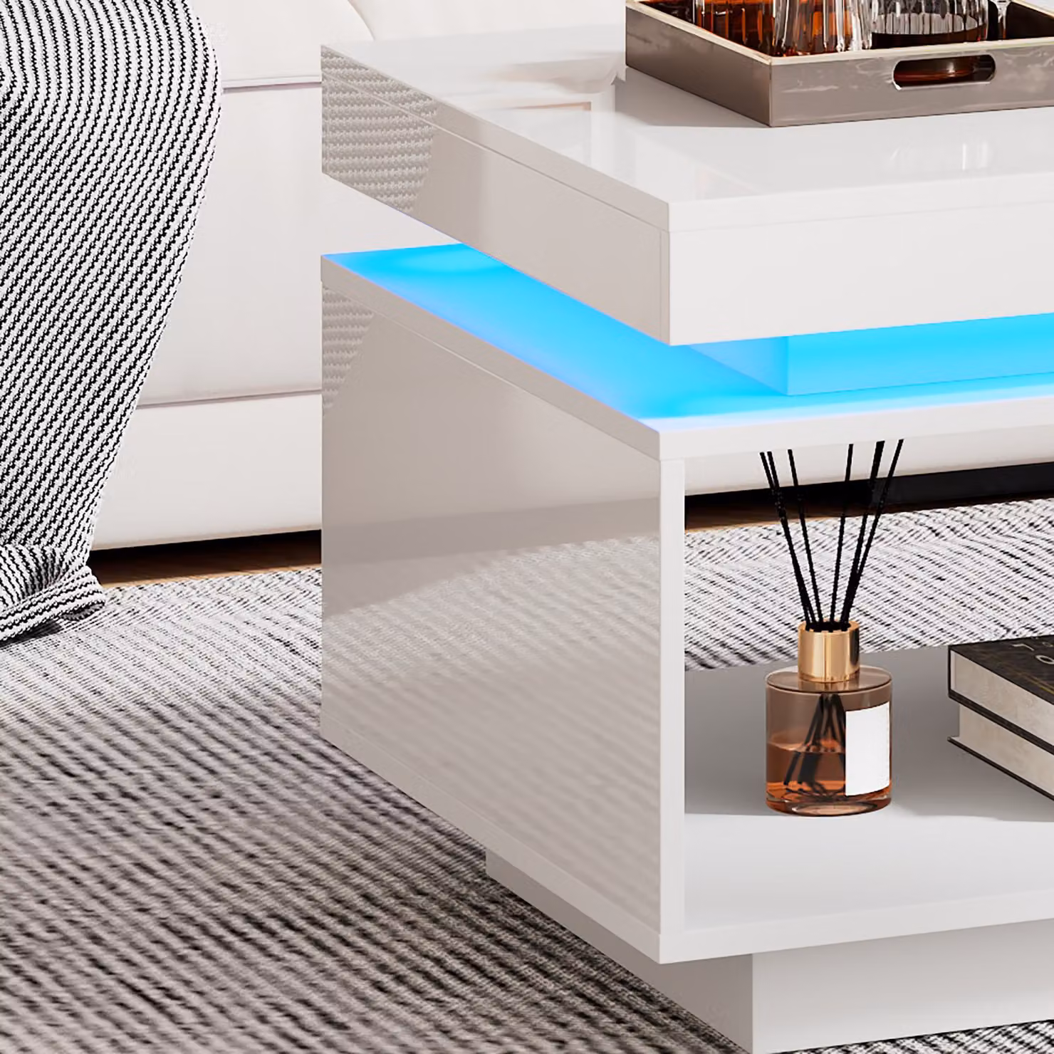 Aosom.UK High Gloss LED Sofa Table with Remote-Controlled Lighting, Modern White Coffee Table with Drawer and Open Display Shelf, W: 50 cm, D: 50 cm, H: 40 cm – 4