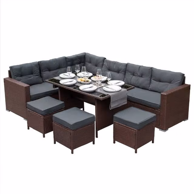 Jardi Modern Rattan Corner Set with Glass in Brown and Grey