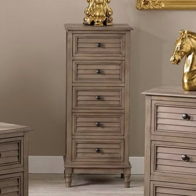 Pacific Lifestyle Modern Pine 5 Drawer Tall Boy Chest in Brown, Grey and Gold