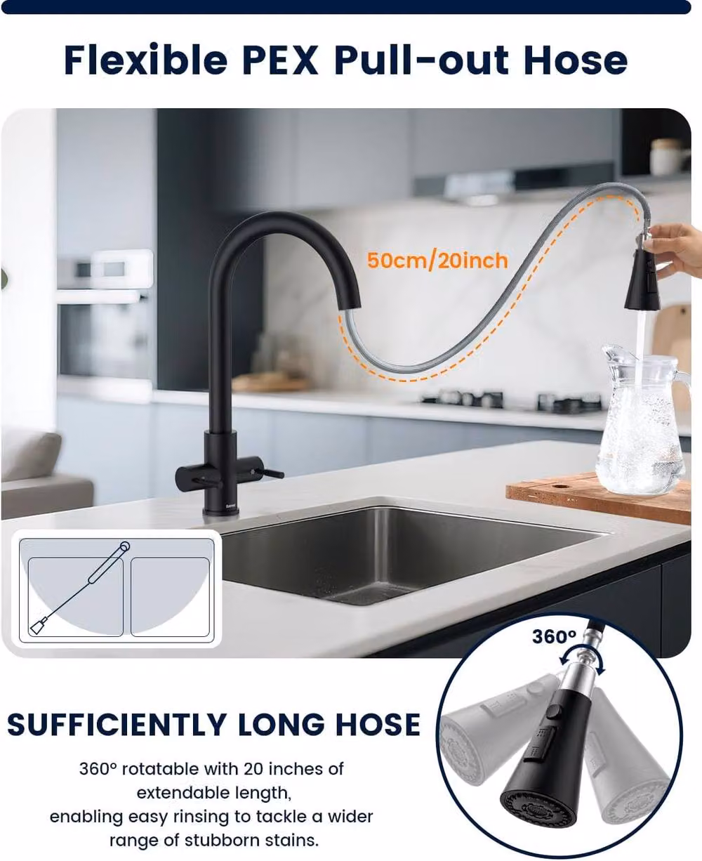 JANLEMNY Matte Black Dual Lever Kitchen Mixer Tap with Pull-Out Spray Spout – 4