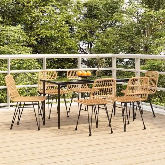Berkfield Home 7 Piece Brown Poly Rattan Garden Dining Set with Metal and Glass Details