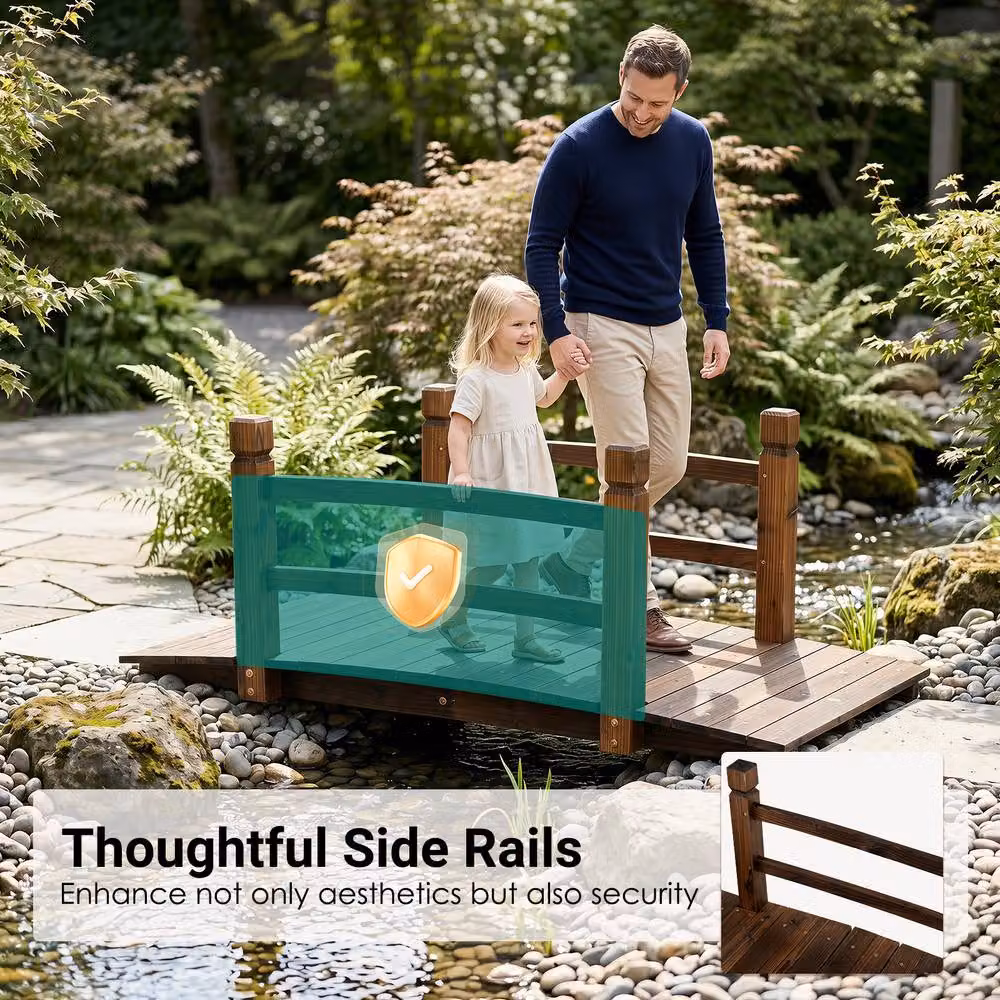 Gymax Brown Fir Wood Garden Bridge with Safety Railings, 125 cm – 7