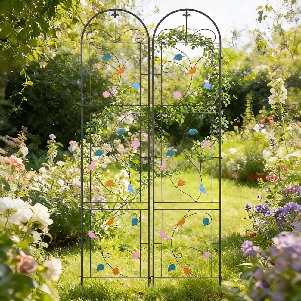 KORVIXA Black Metal Garden Trellis Leaf and Bird Wire Lattice Grid Panel, W/H: 100 x 213.36 cm – 2