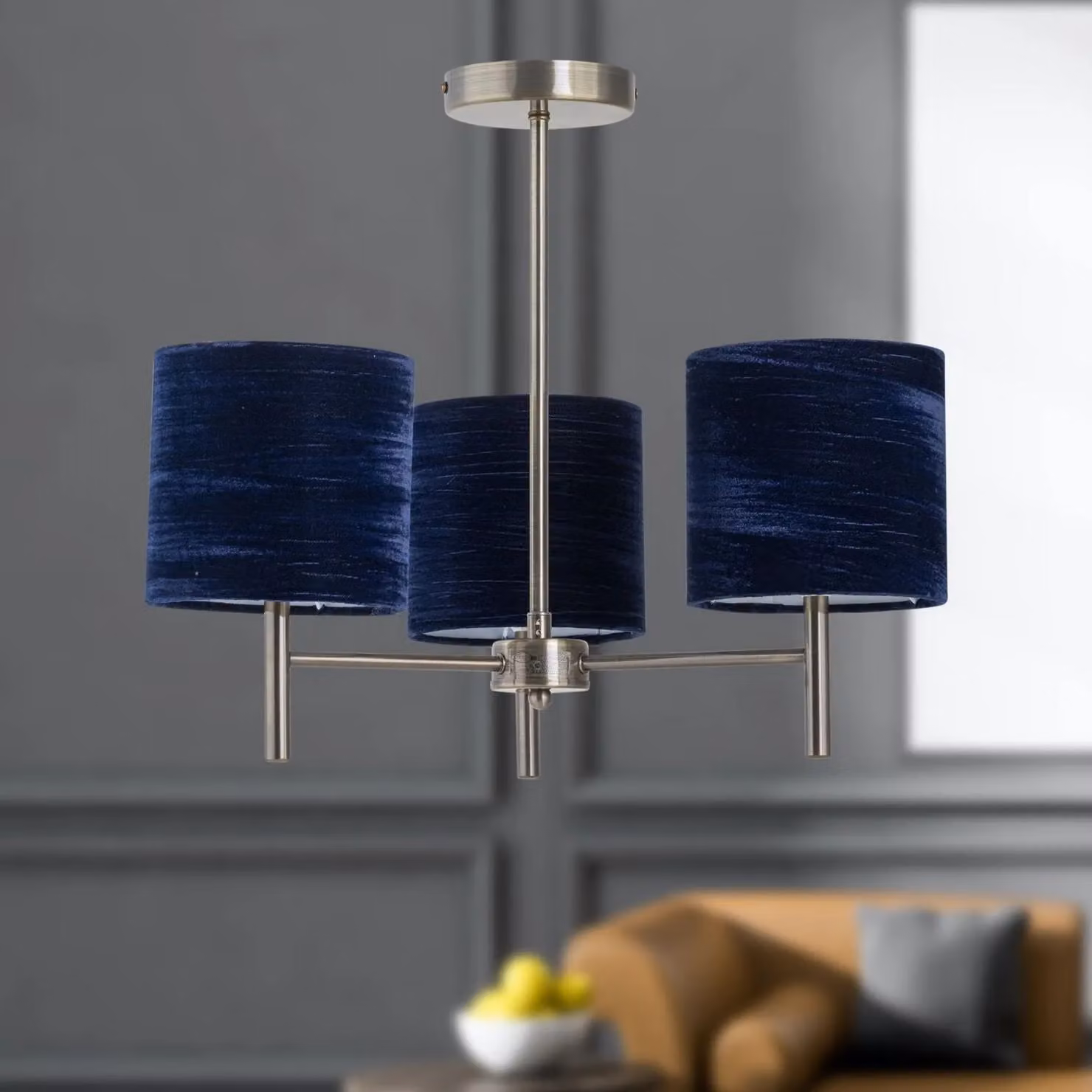 First Choice Lighting Brea Antique Brass Ceiling Light Fitting with Blue Fabric Shades – 4
