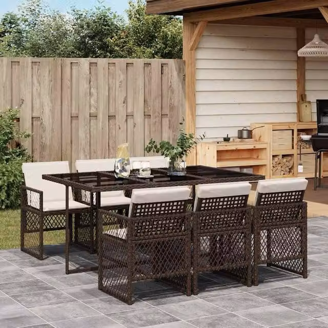 Berkfield Home 7 Piece Brown Poly Rattan Garden Dining Set with Cushions