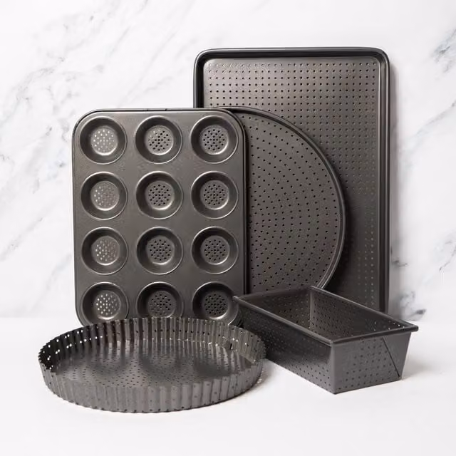 MasterClass 5-Piece Non-Stick Baking Set in Grey, including Quiche Tin, Pizza Crisper, Loaf Pan, Baking Tray and 12-Hole Pan