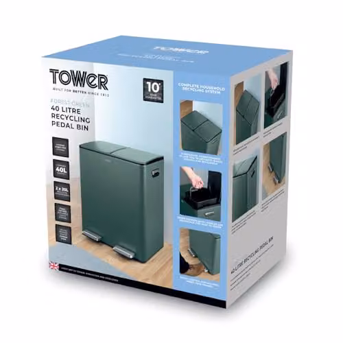 Tower 40L Recycling Pedal Bin with Removable Inner Buckets in Green and Black Coated Steel – 6