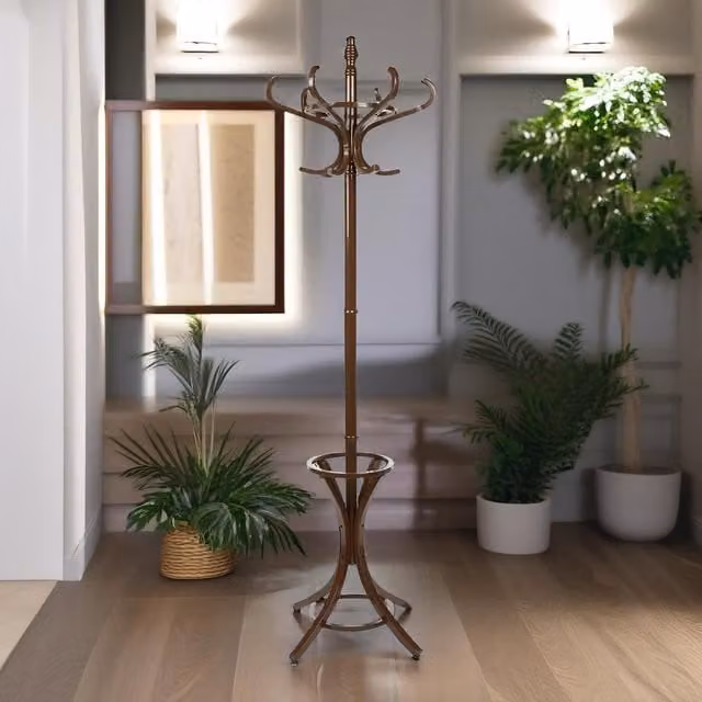 Rafaelo Mobilia Wooden Coat Stand with 12 Hooks in Walnut Brown – 1
