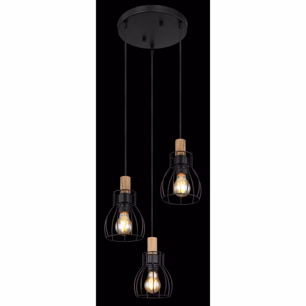 Globo Lighting Vintage Pendant Light in Brown and Black with Wood and Metal Cage Shades, 3x E27, Diameter: 35.5 cm, Height: 120 cm – 5