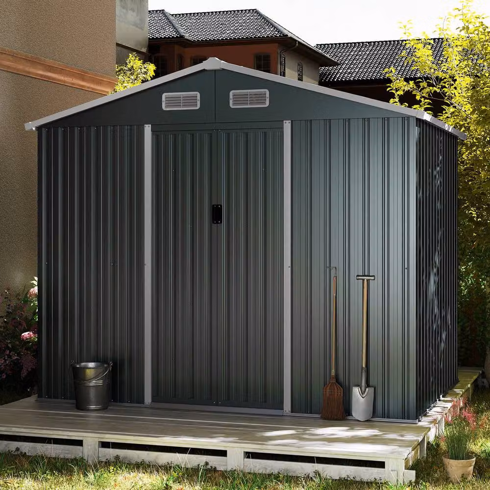 Gymax Large Outdoor Storage Shed and Utility Tool House with Sloping Top, Grey, W/D/H: 226 x 162 x 196 cm – 10