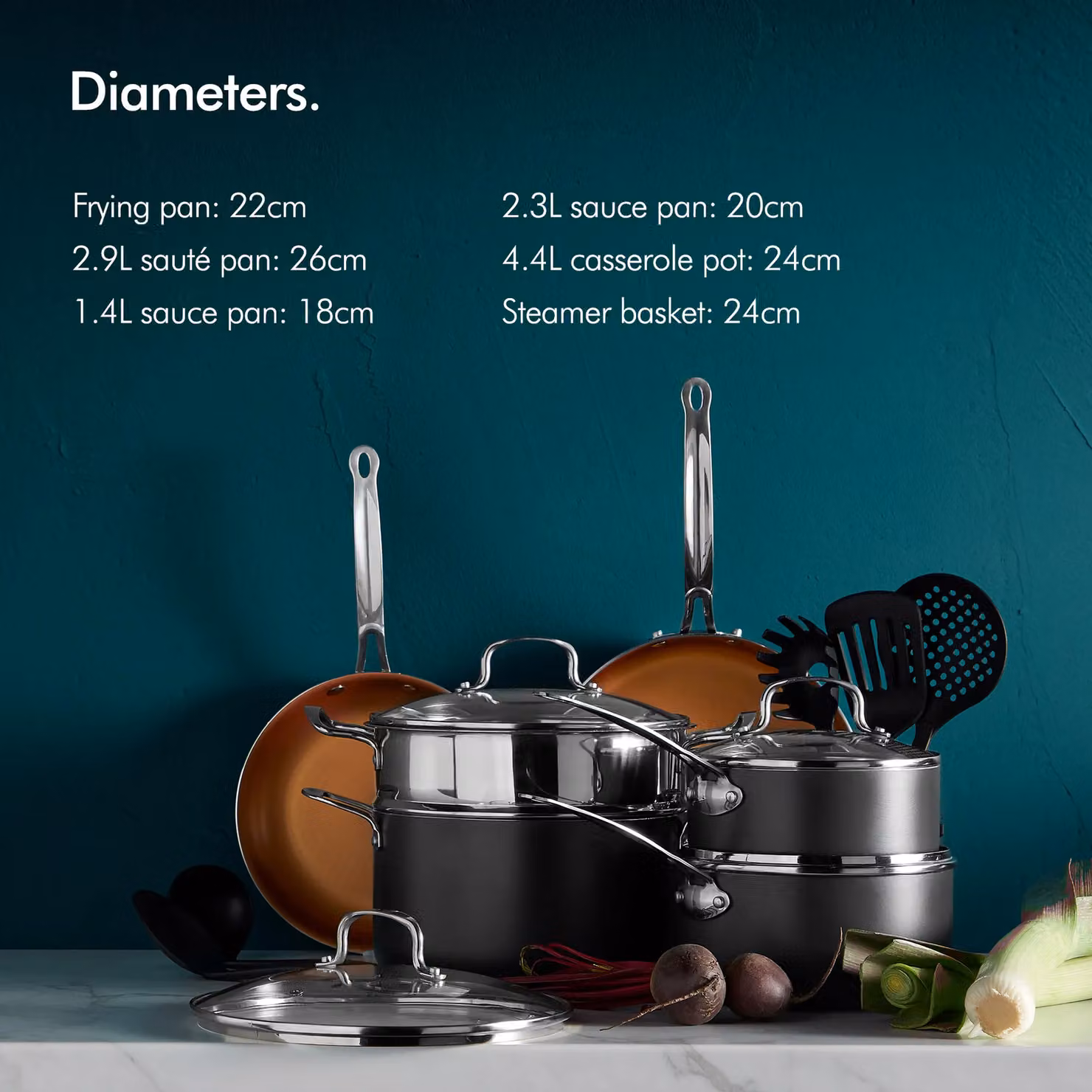 VonShef 11 Piece Non-Stick Saucepan and Frying Pan Set in Copper, Induction Safe – 2