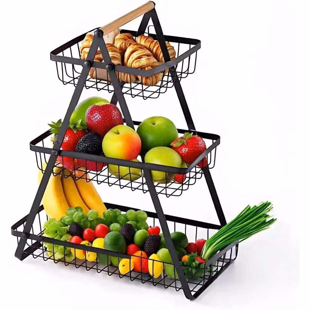 VOGREX 3 Tier Metal Countertop Fruit, Vegetable and Bread Storage Rack in Black – 3