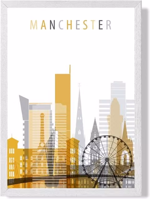 ARTZE Manchester Yellow and Grey City Skyline Framed Print with White Frame