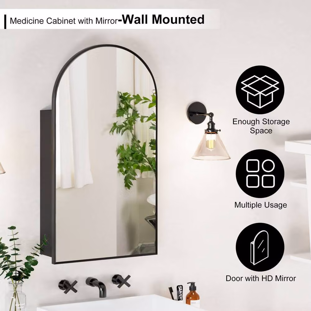 KEEPREAPER Black Arched Bathroom Mirror Cabinet with Hinged Glass Doors and Internal Shelves, Wall Mounted, W: 50 cm, H: 90 cm – 4