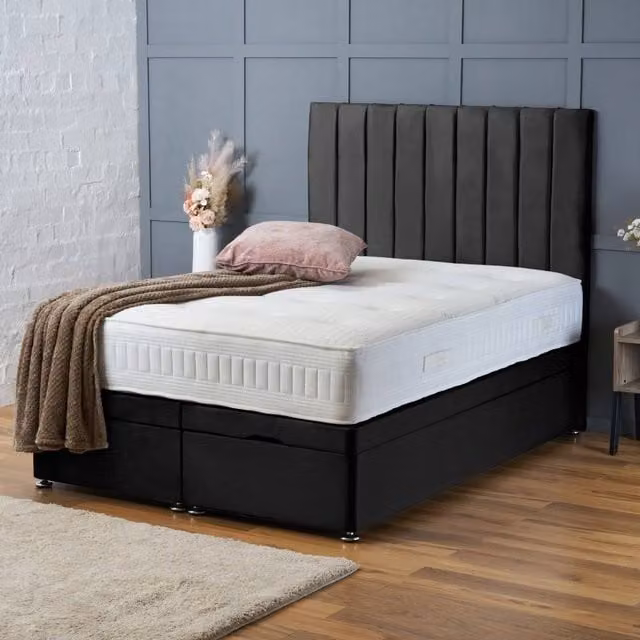 BSSPOKE Aria Ottoman Divan Bed with 54 inch Panel Headboard in Black Plush Velvet, Double W/D/H: 140 x 200 cm