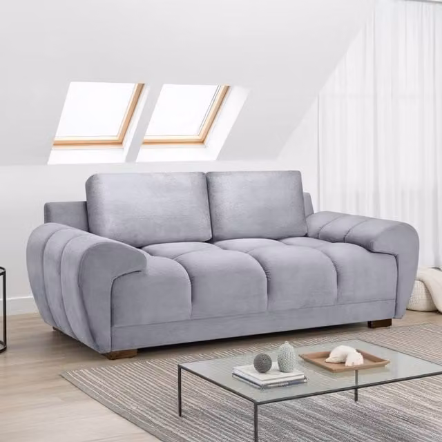 Furnishings For Less UK Zura Grey Plush Fabric 2 Seater Sofa with Pillow Back and Wooden Legs W/D/H: 205 x 88 x 88 cm – 1
