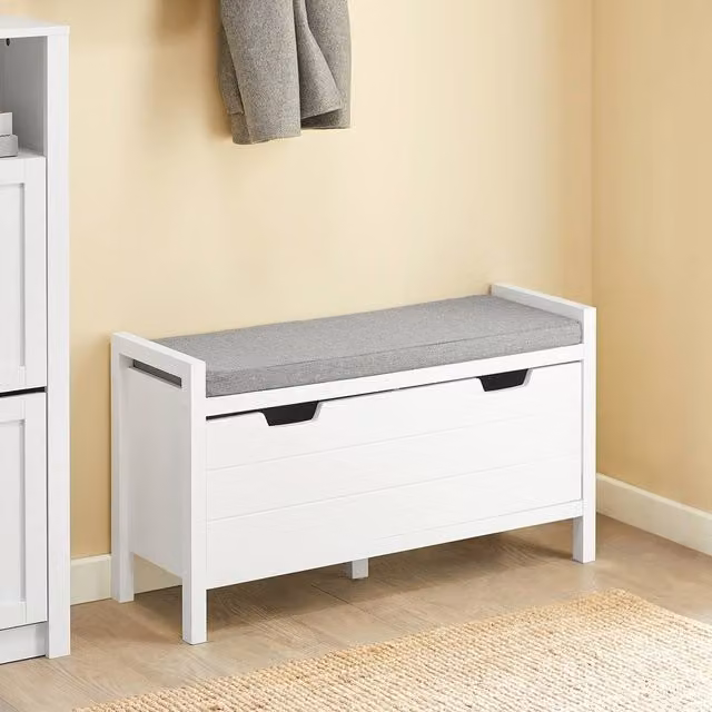 SoBuy Modern Upholstered Entrance Storage Bench and Shoe Rack in White and Grey