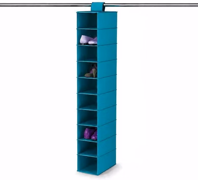 Simpa 10 Section Blue Hanging Wardrobe Storage Organiser with Hanging Rail