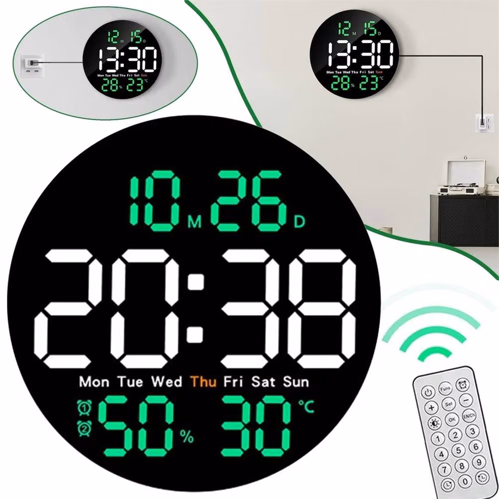 Nordara Black Digital LED Wall Clock with Temperature and Date Display, Diameter: 25.4 cm – 4