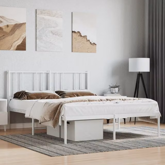 Berkfield Home Metal Bed Frame with Headboard in White, W/D/H: 150 x 200 cm – 1