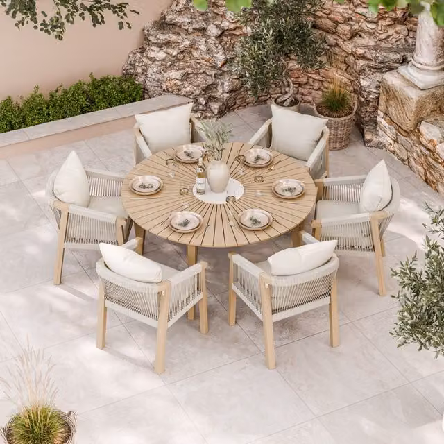Royalcraft Roma 7 Piece Round Sunray Dining Set with Terrazzo Insert and 6 Roma Rope Dining Chairs in Natural Acacia Wood