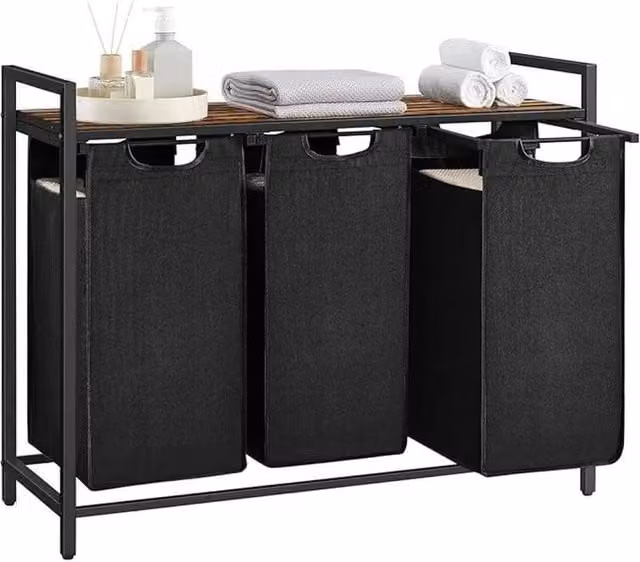 FORGEVIO 3-Compartment Laundry Basket with Shelves and Removable Bags in Black – 1