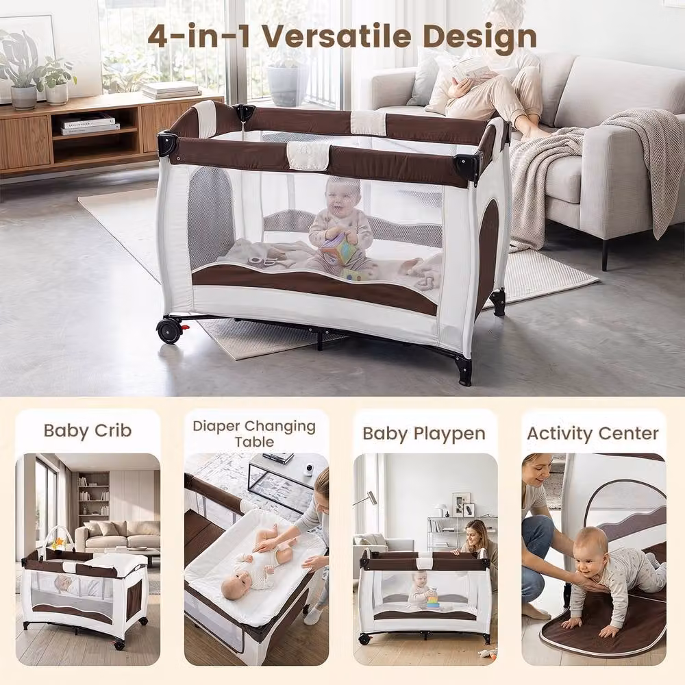 Gymax Folding Playpen in Brown with Diaper Changing Table, 2 Lockable Wheels and 3 Hanging Toys – 7
