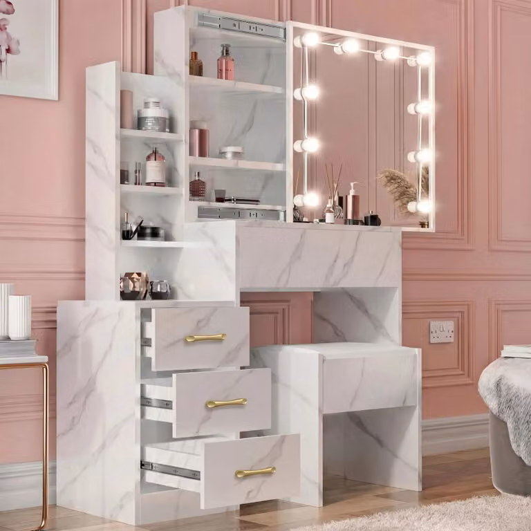 DHS Hollywood LED Mirror Dressing Table with White Marble Top and Storage Drawers